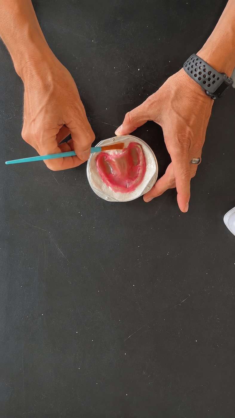 Brush applying separator to the plaster surface around the prosthetic